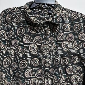 Excetera Blouse Womens Plus 2X Brown Gray Green Silk Button Up Long Sleeve Top